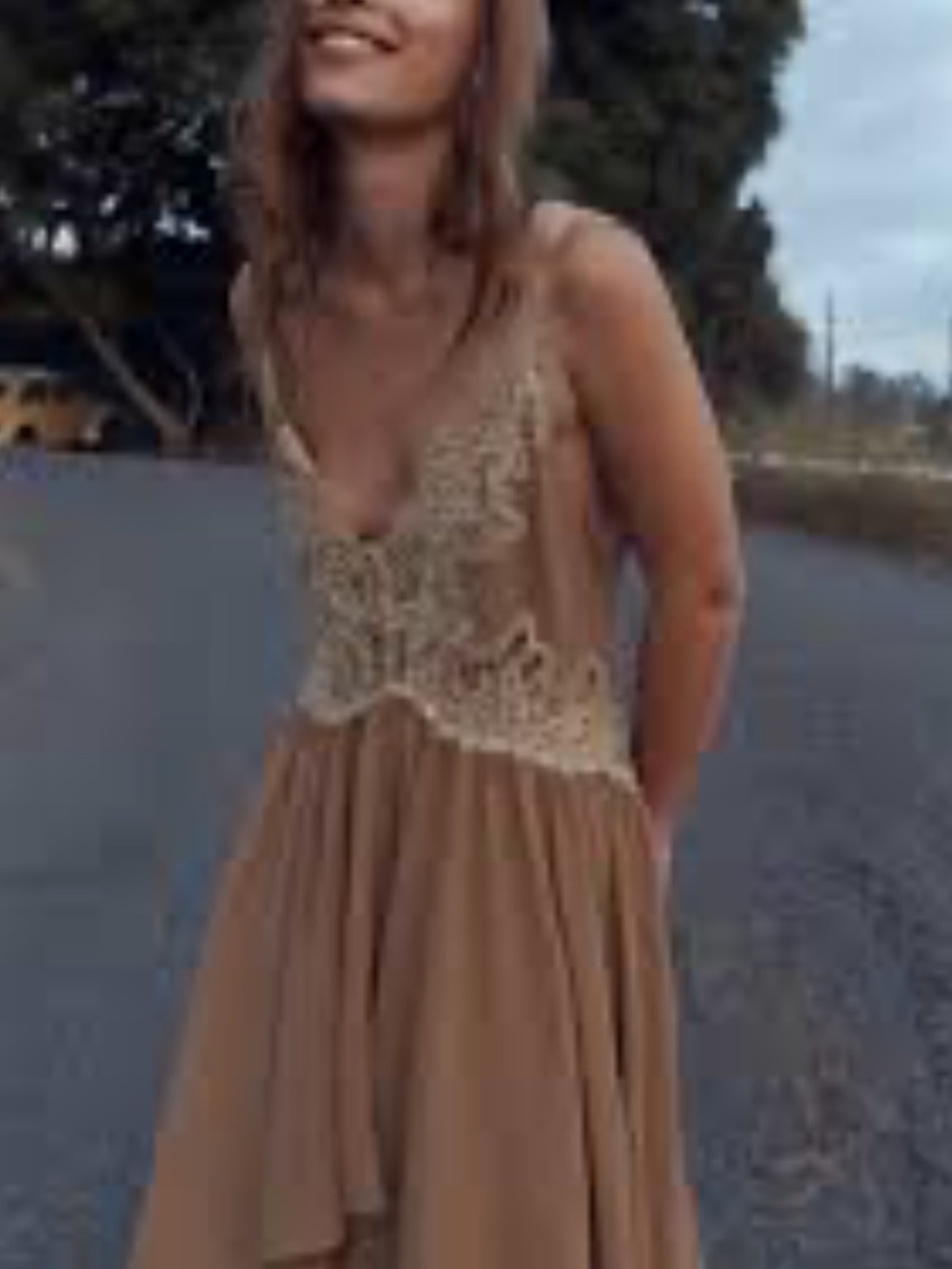 New Zara Asymmetric Tan Strappy Lace-Trimmed Slip Dress & beige Lace Accents M - Picture 2 of 10